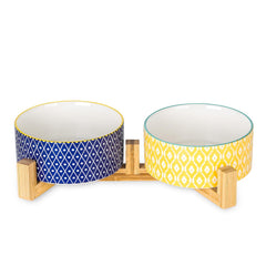 Selamica ceramic 30oz dog bowls with wooden stand offer stable feeding for small pets.