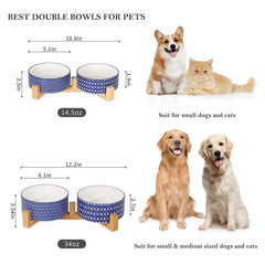 Selamica double bowls feature blue floral design for easy feeding and water separation.
