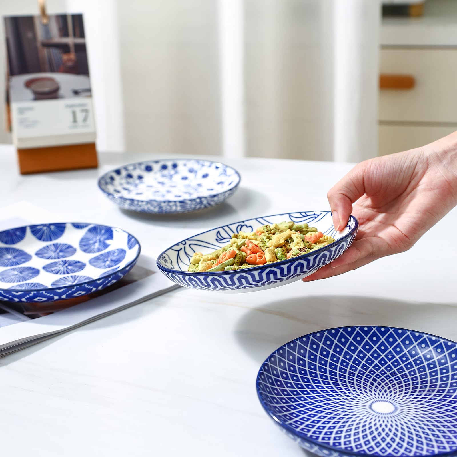 Selamica six-piece set close-up shows vibrant glaze and pattern.