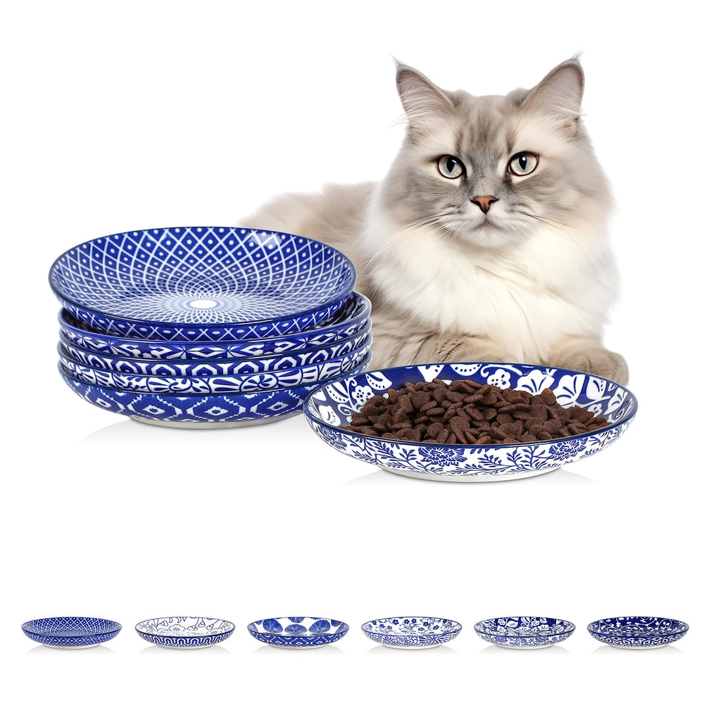 Selamica vintage blue ceramic cat bowls: six-piece set ideal for whisker-friendly feeding.