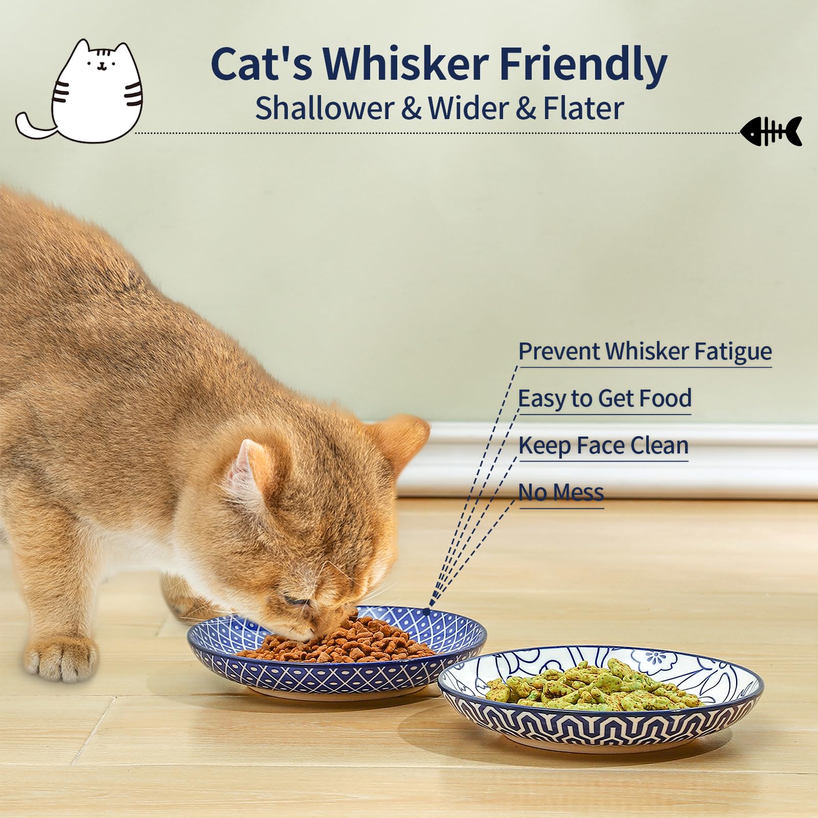 Selamica wide shallow design bowls reduce whisker contact for comfortable meals.