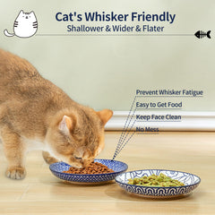 Selamica wide shallow design bowls reduce whisker contact for comfortable meals.