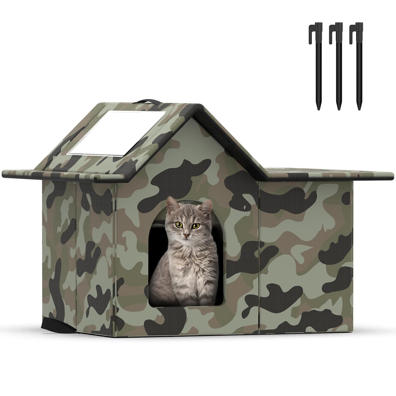 SELBATON Outdoor Cat House green front view showing spacious winter shelter