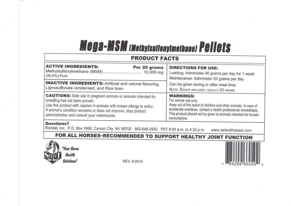 Select The Best Mega-MSM Pellets packaging emphasizes cost-efficient, ready-to-use supplementation.