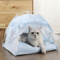 Selena Cat Bed Tent blue exterior provides cozy indoor shelter for pets