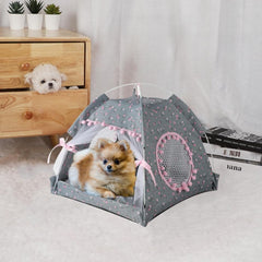 Selena cat bed tent lace-mesh window detail improves airflow for comfortable lounging.