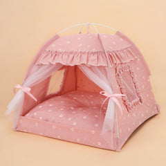 Selena cat bed tent front view with pink lace mesh for cozy spaces.