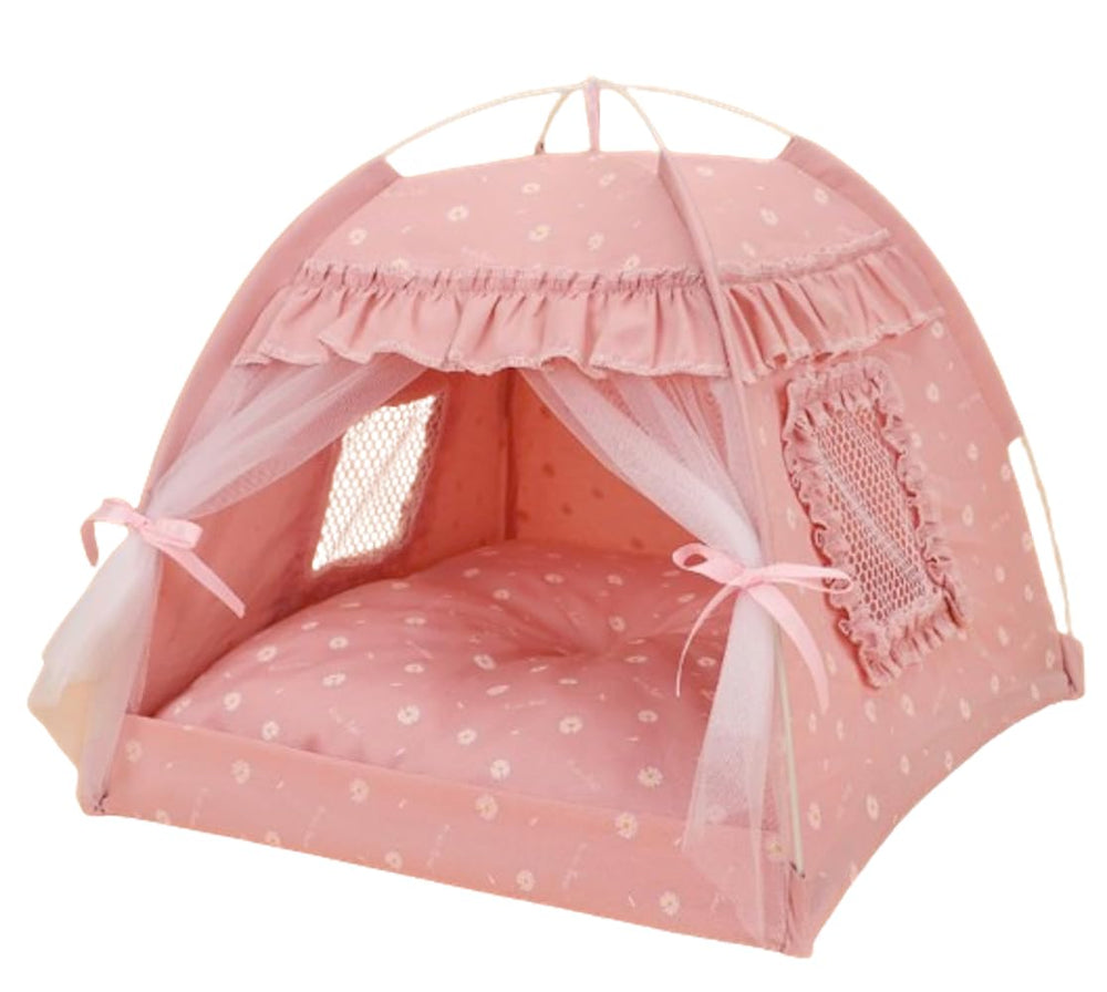 Selena cat bed tent in-use image shows indoor/outdoor versatility.