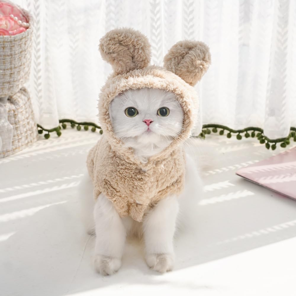 Selena Cat Bunny Ears Costume front view shows cozy, warm pet hoodie