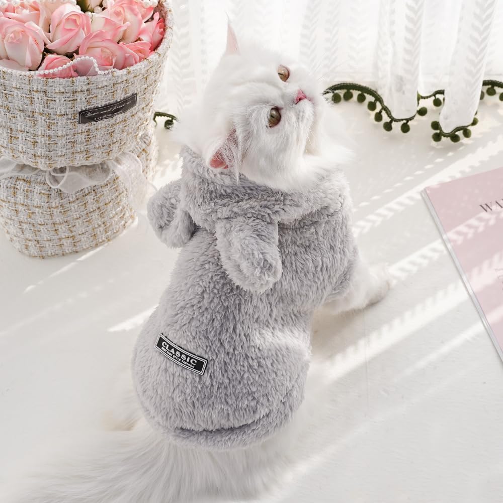 Selena pet hoodie plush gray side view emphasizes soft warmth and adorable styling.