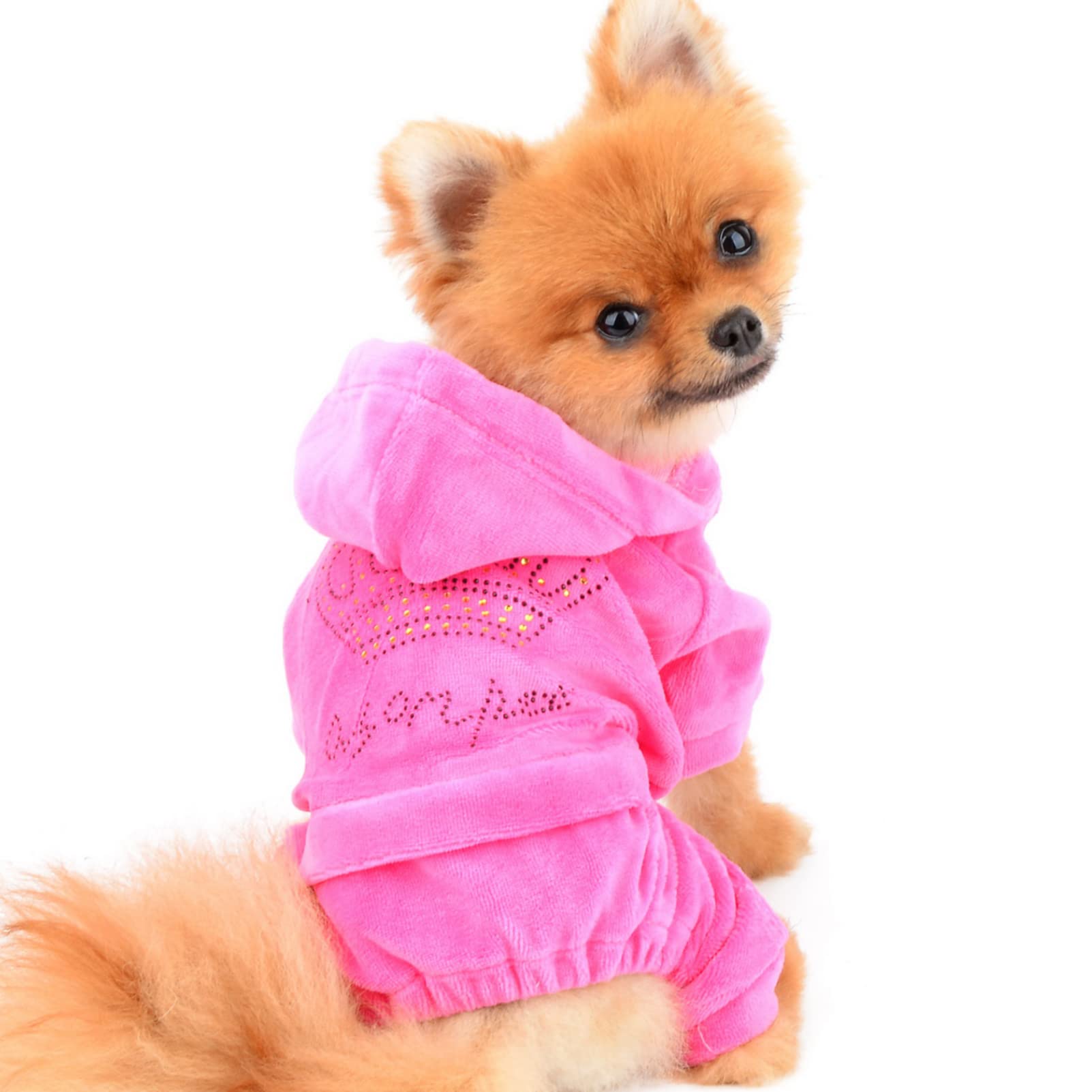 SELMAI dog hoodies jumpsuit pink back view showcases cozy velvet for chilly days