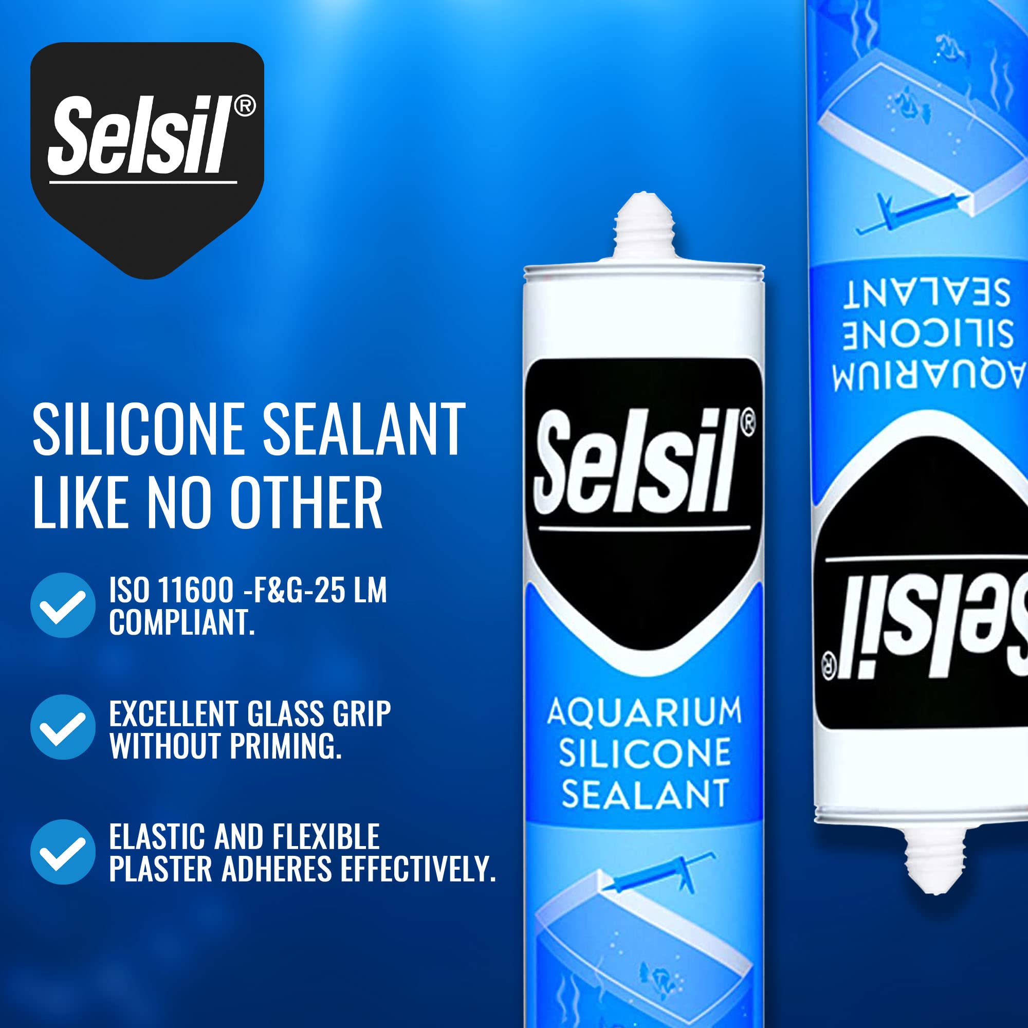 SELSIL Aquarium Silicone Sealant Clear 2-pack highlights value and long lasting elasticity.