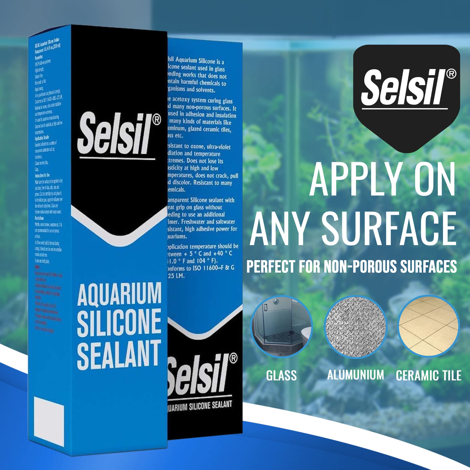 SELSIL Aquarium Silicone Sealant Clear packaging label communicates fish safe, solvent free formulation.