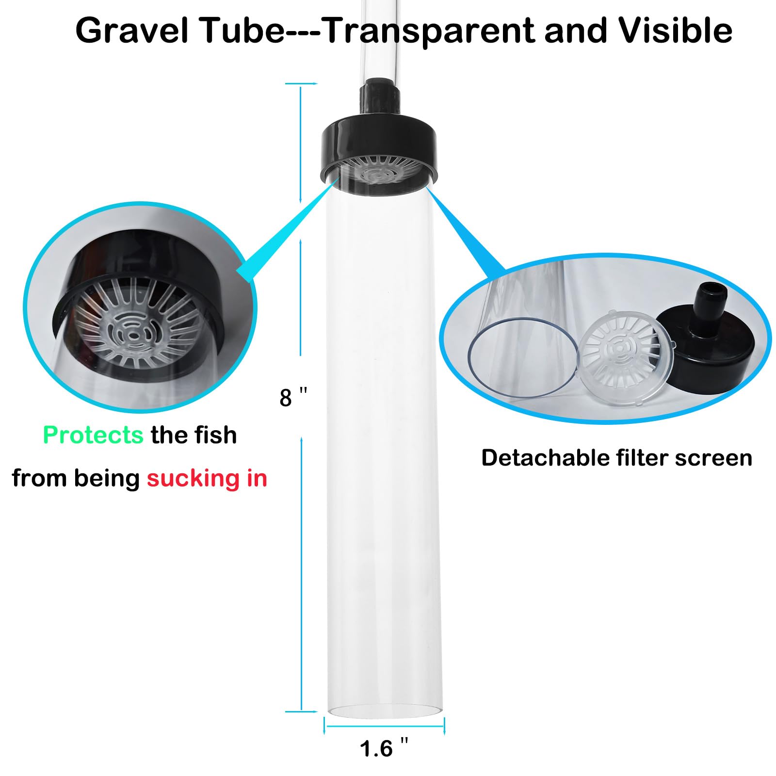 Seltomer gravel tube with detachable filter screen minimizes fish disturbance.