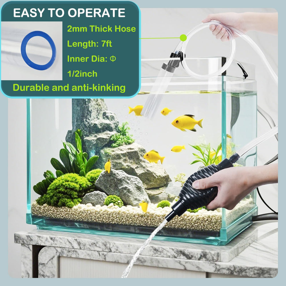 Seltomer hand-pump siphon demonstrates easy water changes and debris removal