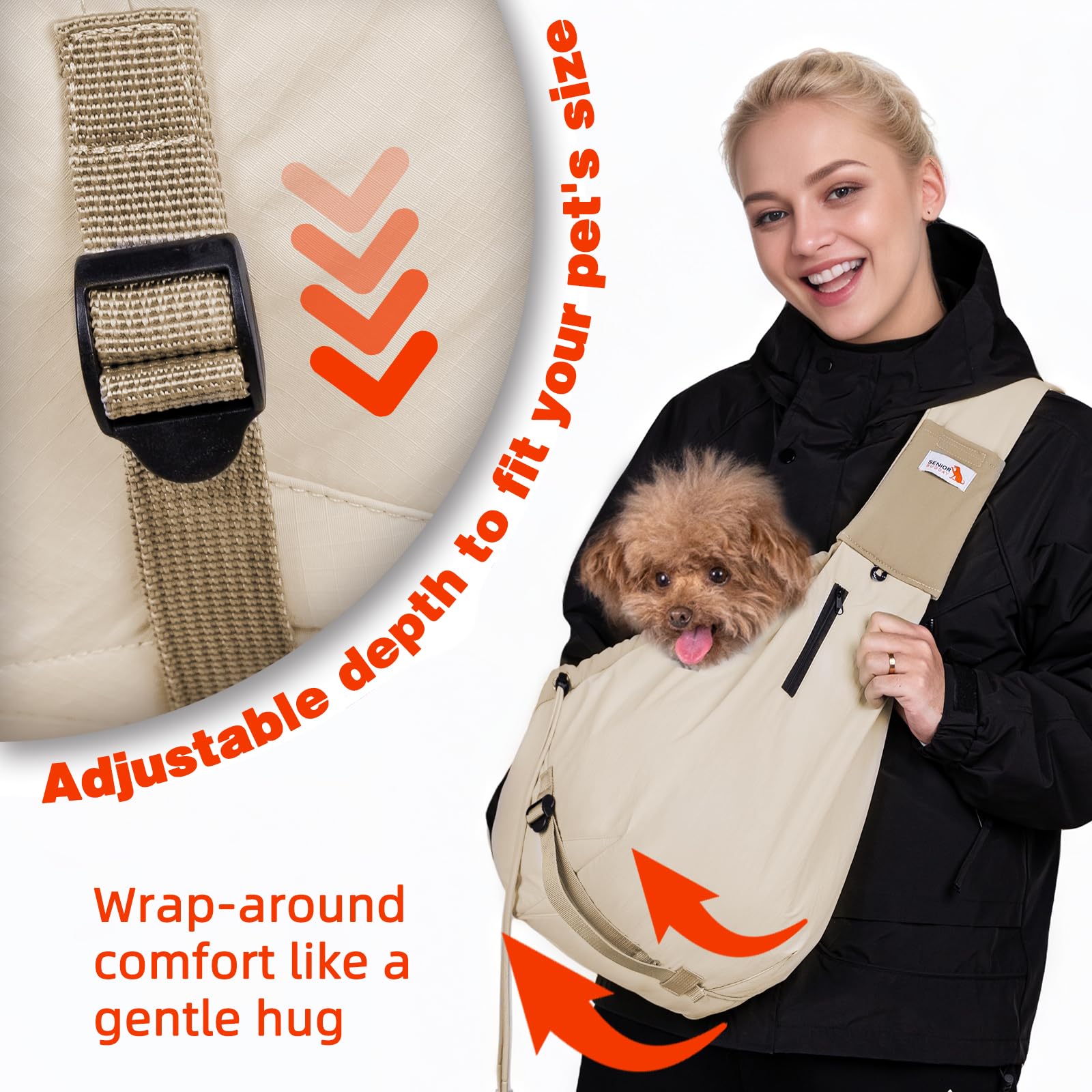 SENIOR BUDDAY dog carrier sling beige safety leash prevents escapes