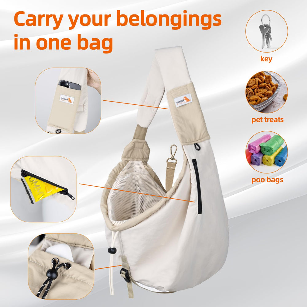 SENIOR BUDDAY dog carrier sling beige side zip access for quick pet comfort