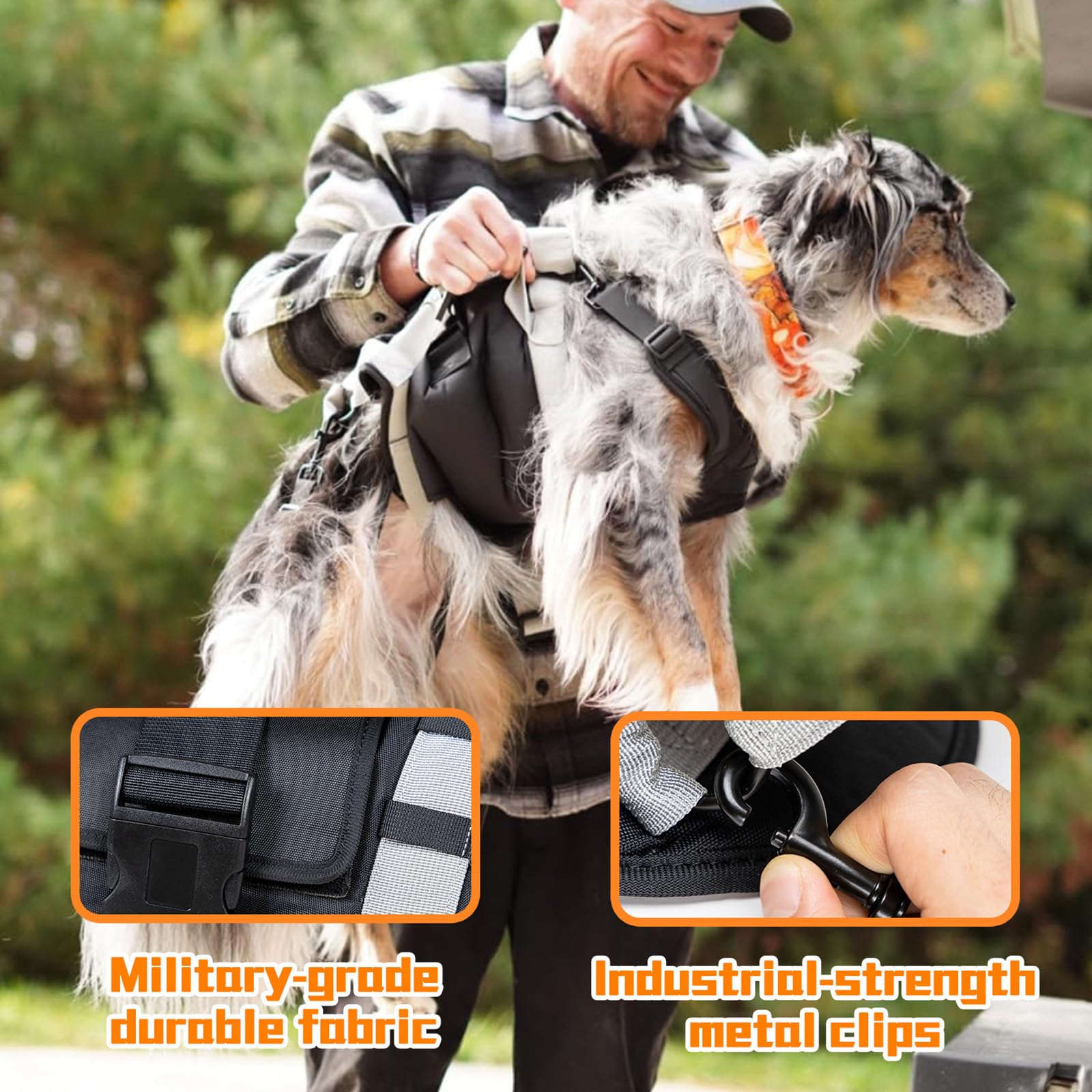Senior Budday harness quick-adjust buckle enables single-person securing.