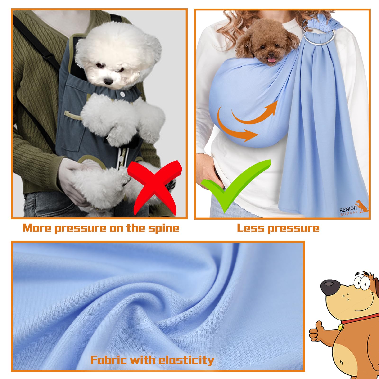 Senior Budday dog sling adjustable-length-strap demonstrates customizable fit for wearers.