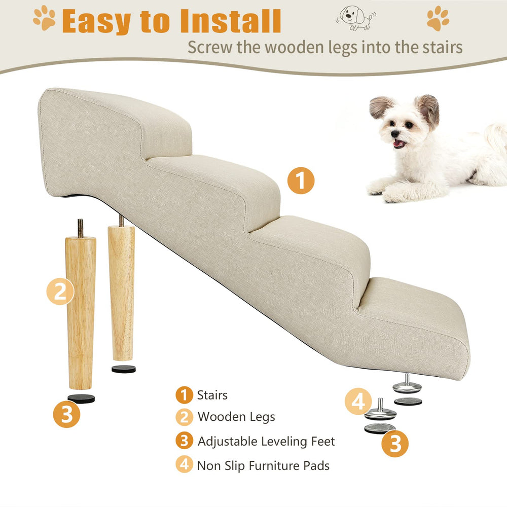 Senneny anti-slip surface on dog stairs improves footing during climbs.