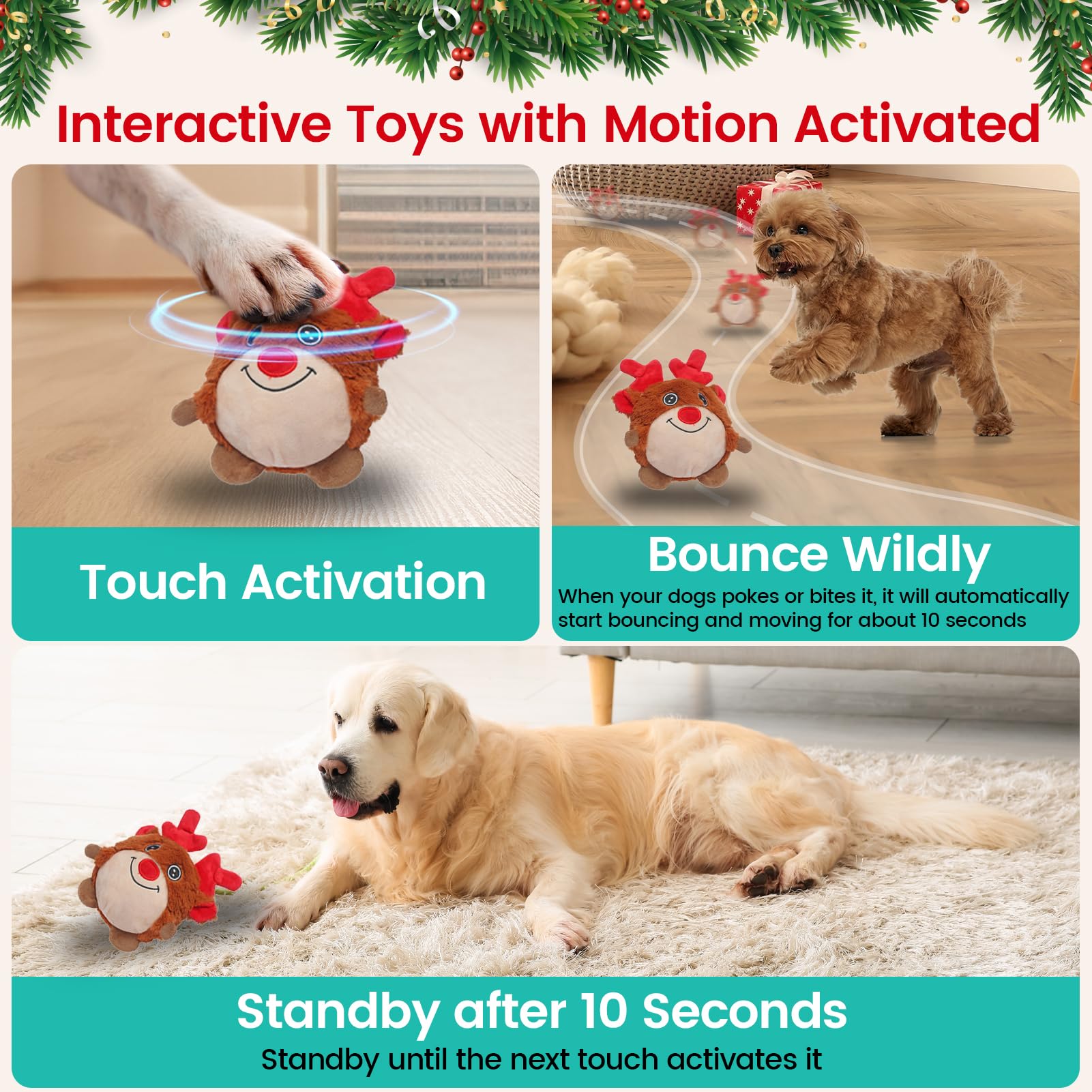 Senneny interactive dog toy reindeer demonstrates motion-activated movement for engaging fetch.