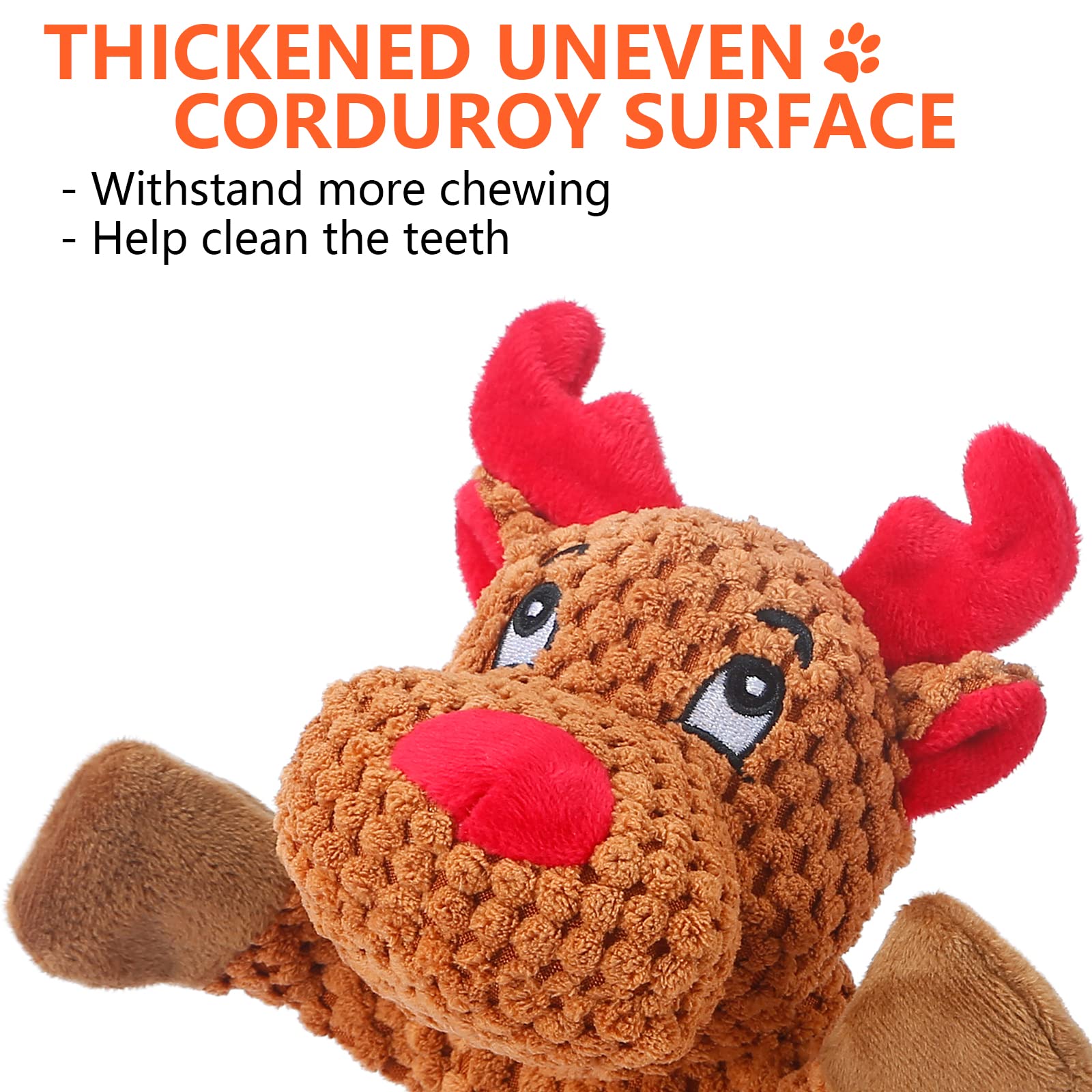 Senneny corduroy fabric reindeer toy offers soft texture and durability.