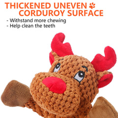 Senneny corduroy fabric reindeer toy offers soft texture and durability.