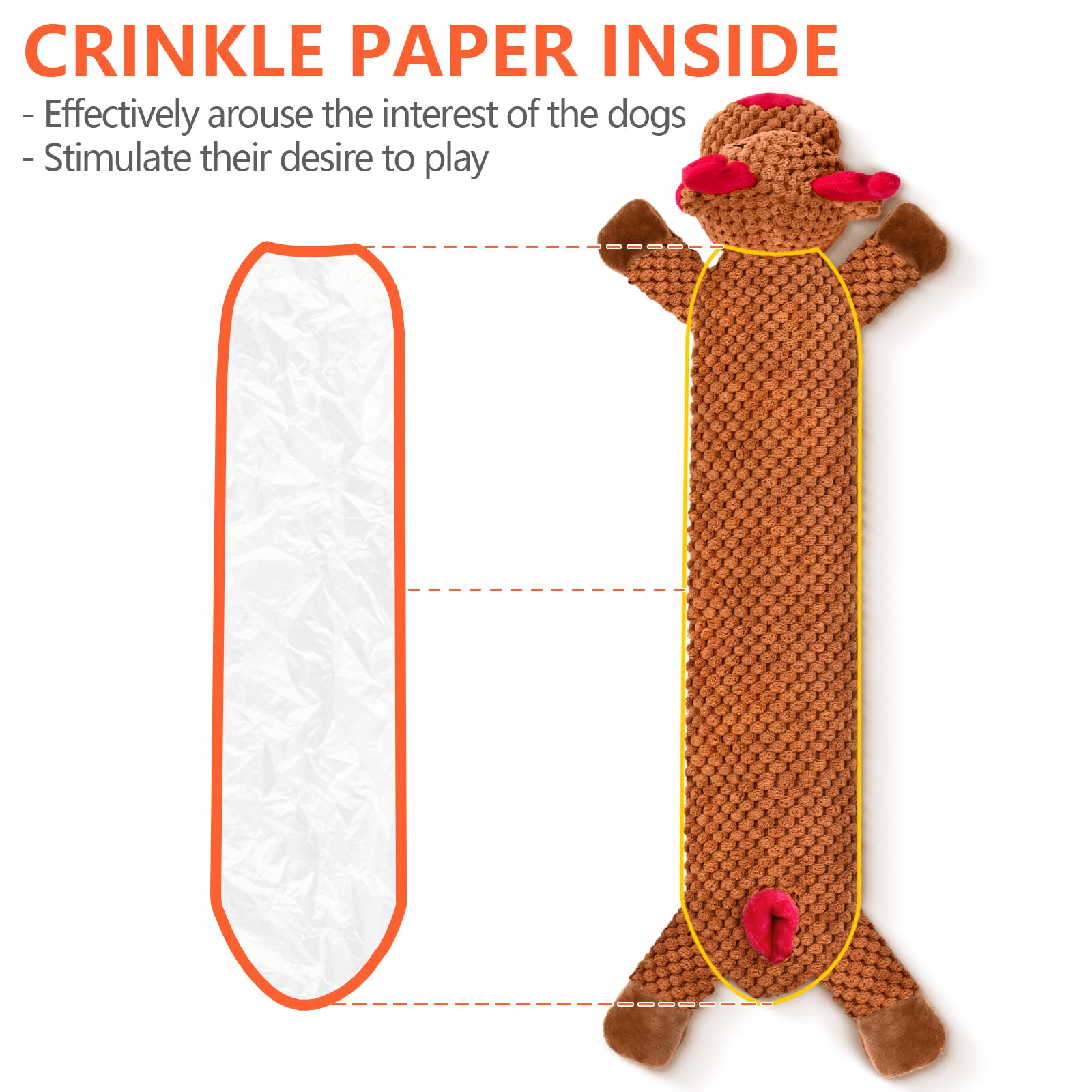 Senneny no-stuffing plush reindeer with crinkle for engaging play.