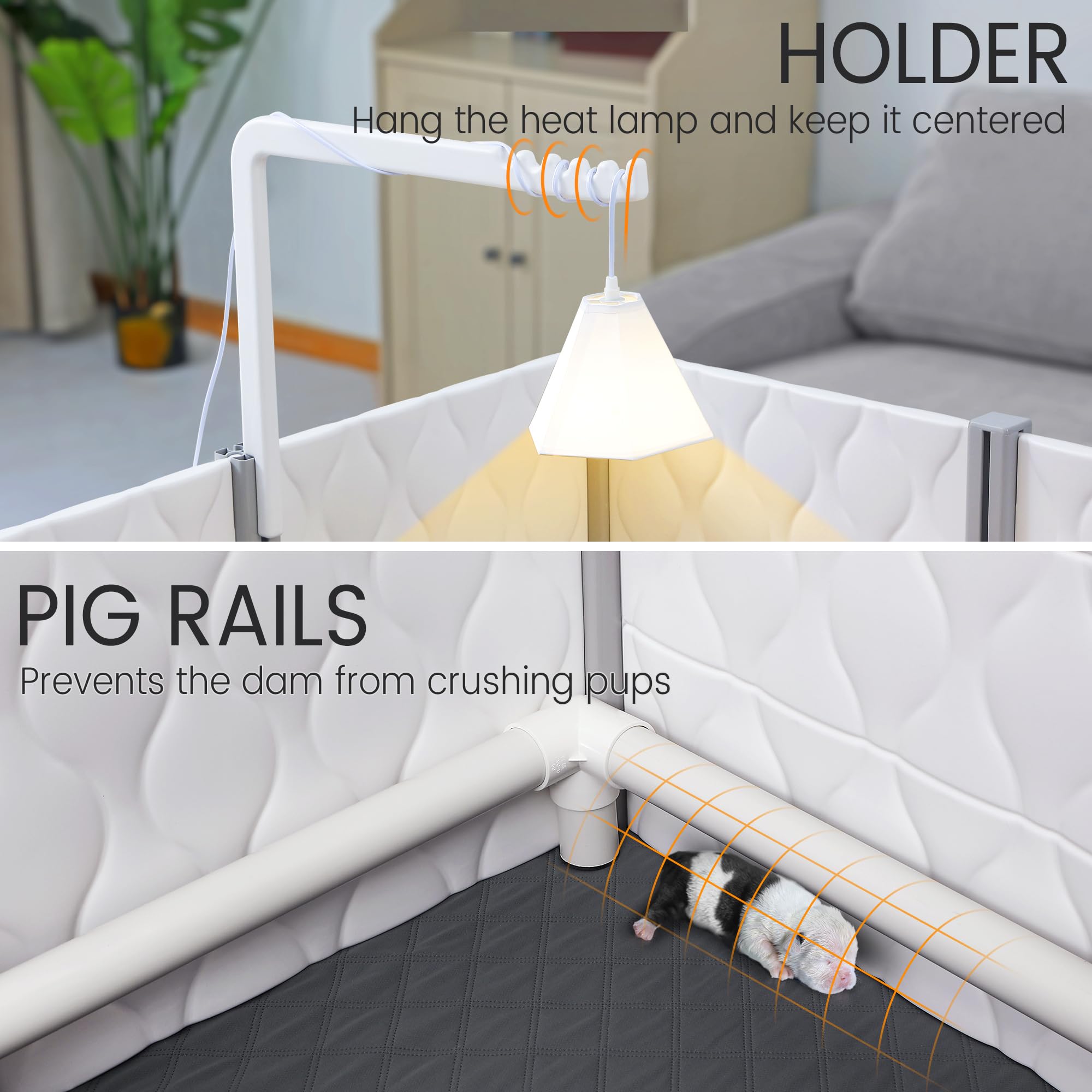 Senneny whelping box heat lamp holder demonstrates centered warmth option.