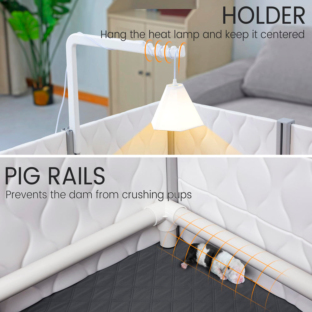 Senneny whelping box heat lamp holder demonstrates centered warmth option.