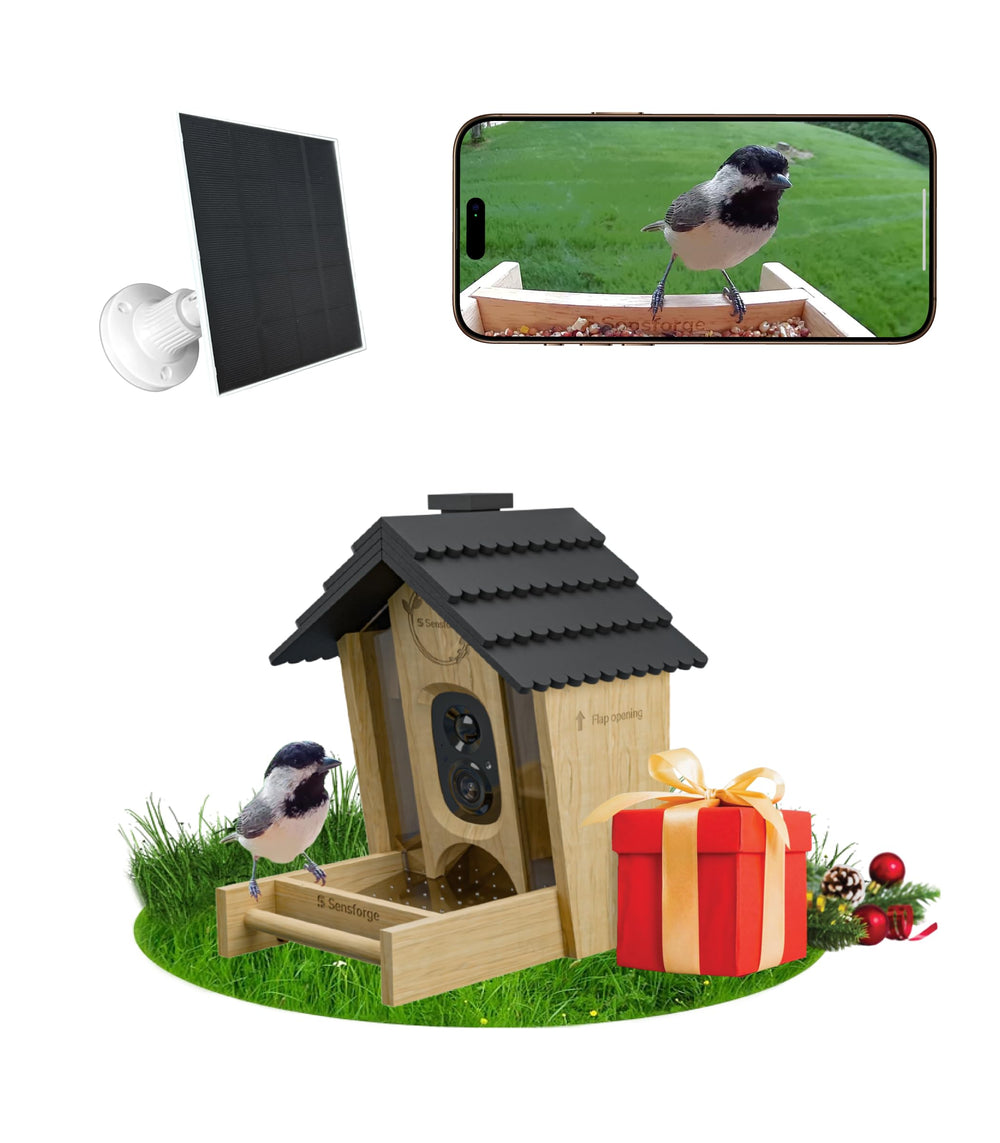 Sensforge Smart AI Bird Feeder Camera exterior wood blends with garden for natural aesthetics.