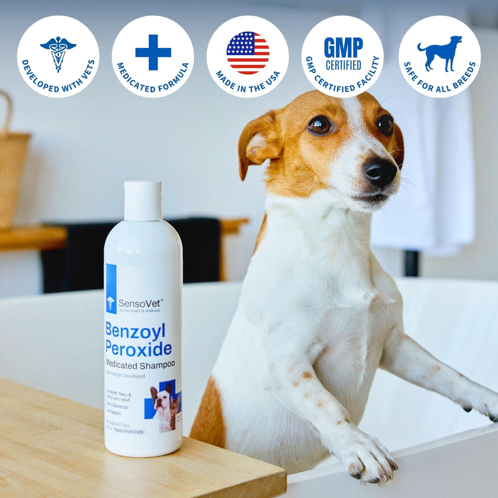 SensoVet coat-care image showing soap-free base and vitamin E for shine.