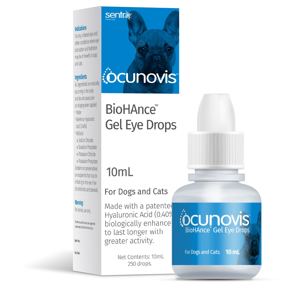 Sentrx Ocunovis gel eye drops bottle shows long lasting lubrication for pets