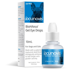 Sentrx Ocunovis gel eye drops bottle shows long lasting lubrication for pets