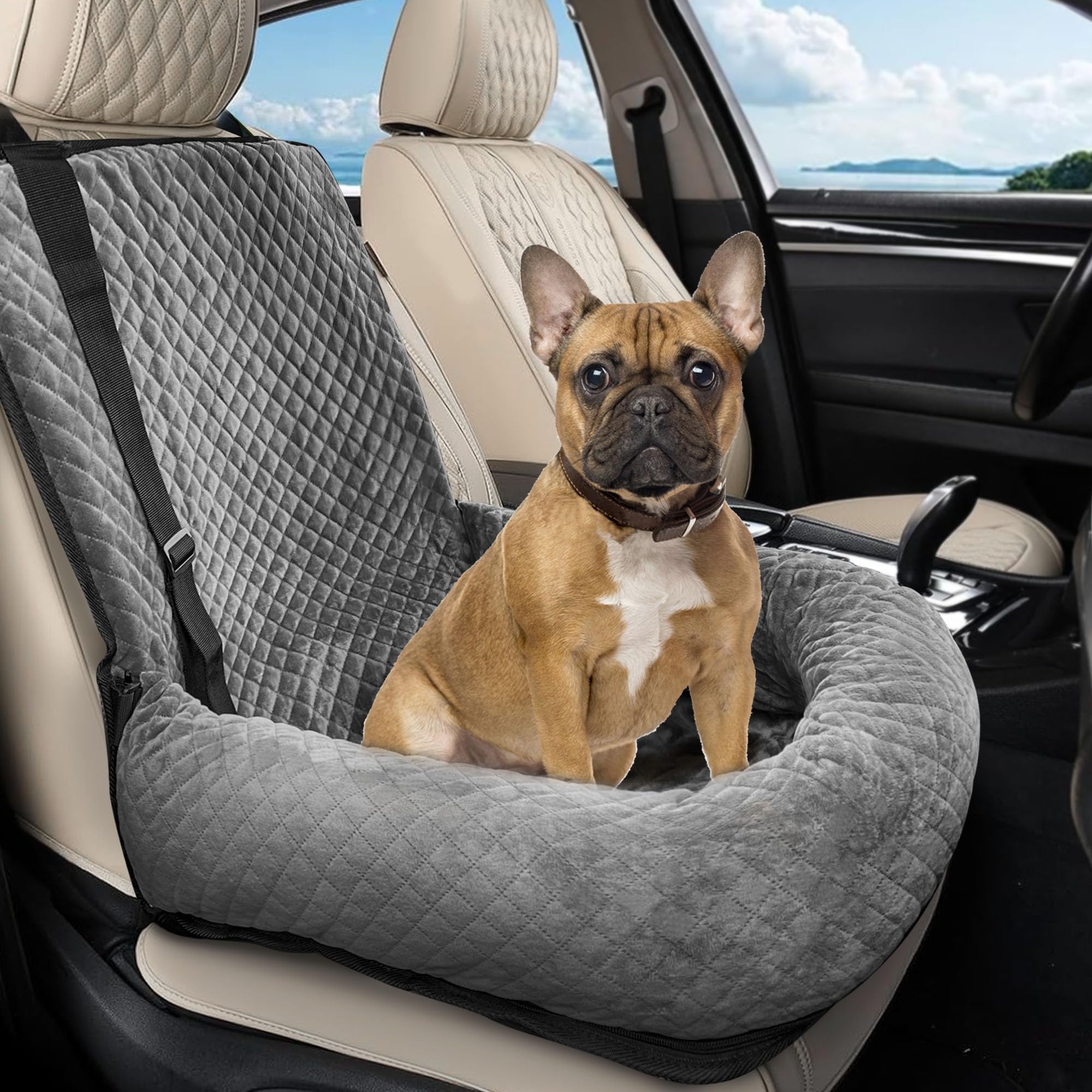 Sephyroth dog car seat gray close-up showing plush comfort for small dogs.