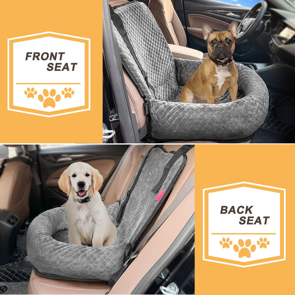 Sephyroth dog car seat interior tether emphasizes safety during sudden stops.
