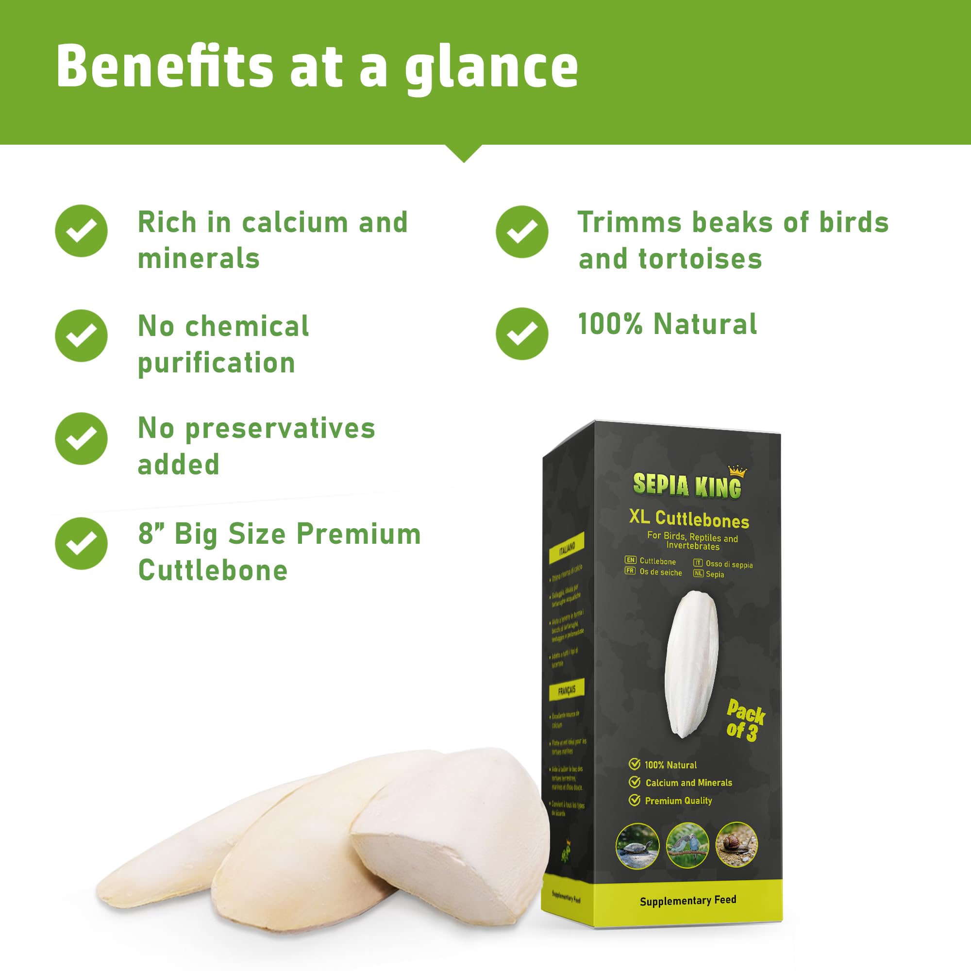 Sepia King cuttlebone for birds with beak trimming and natural calcium supplementation.