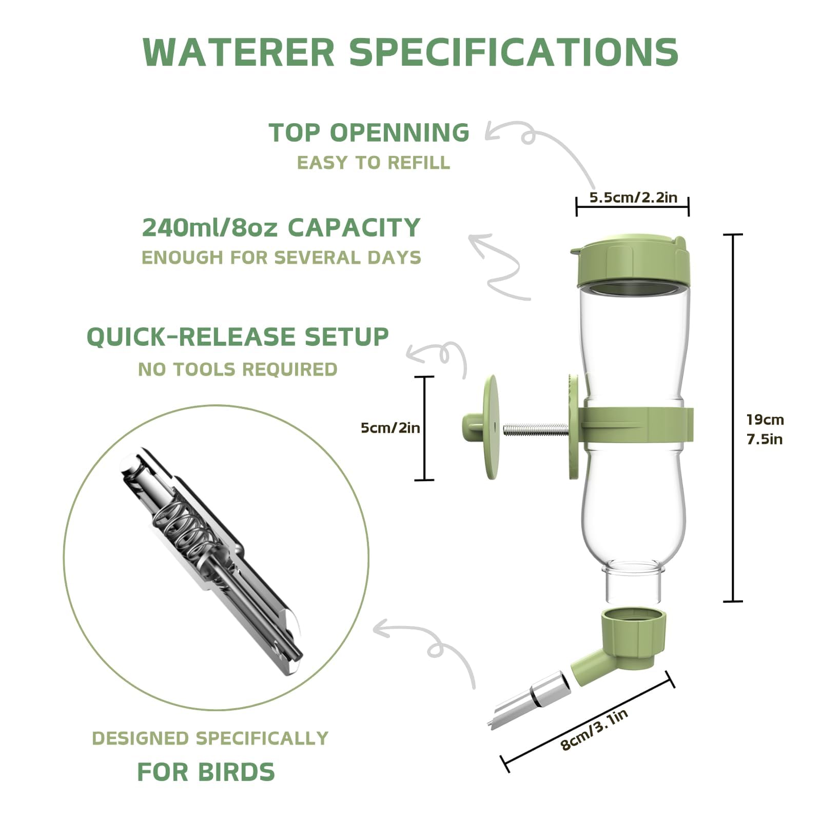 Septillar feeder with external perch provides easy access for feeding.