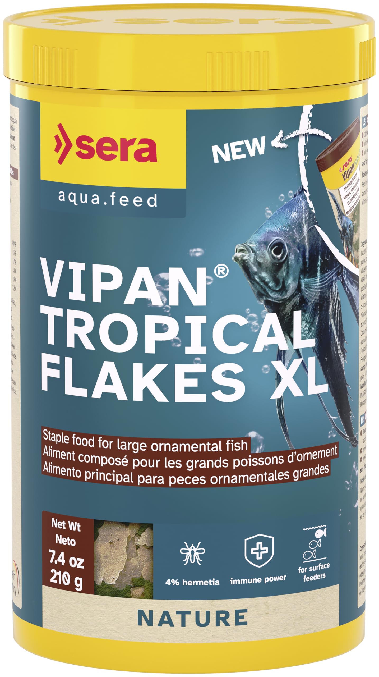 Sera Vipan Tropical Flakes XL bottle close-up highlights surface-feeder formula for large ornamental fish