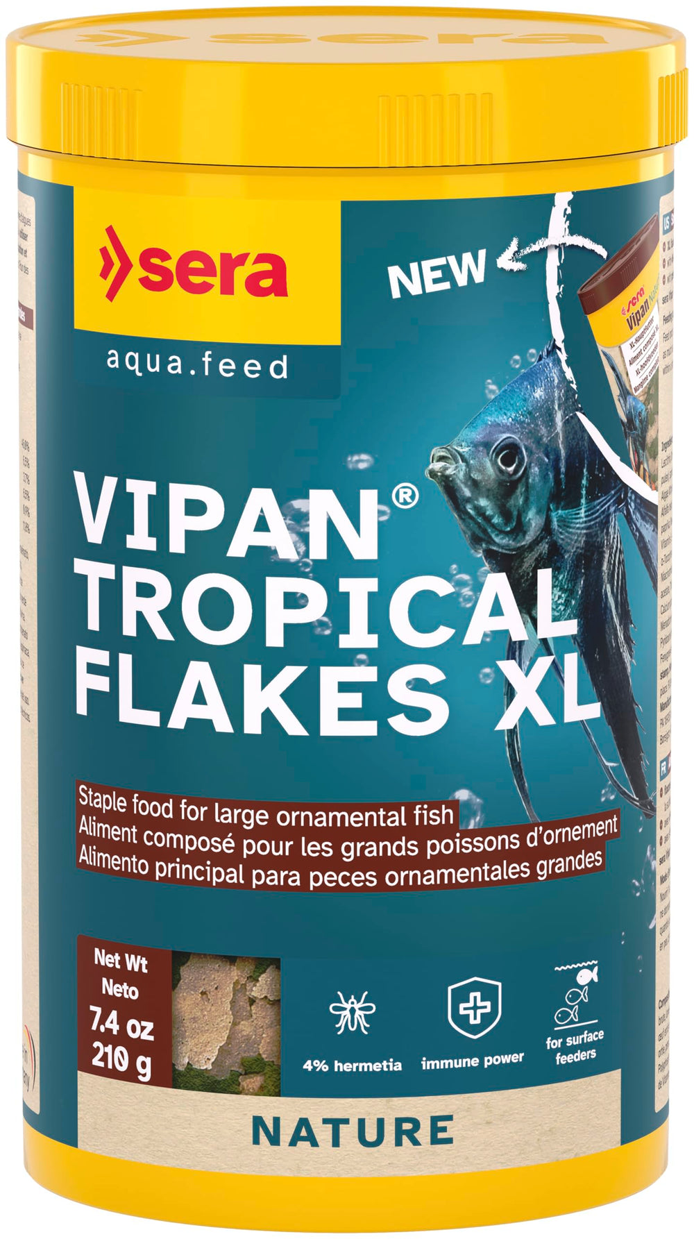Sera Vipan Tropical Flakes XL bottle close-up highlights surface-feeder formula for large ornamental fish
