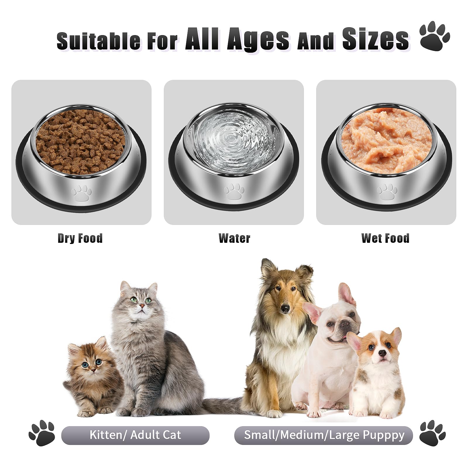 Serentive paw-pattern bowls in use show 20-ounce capacity.