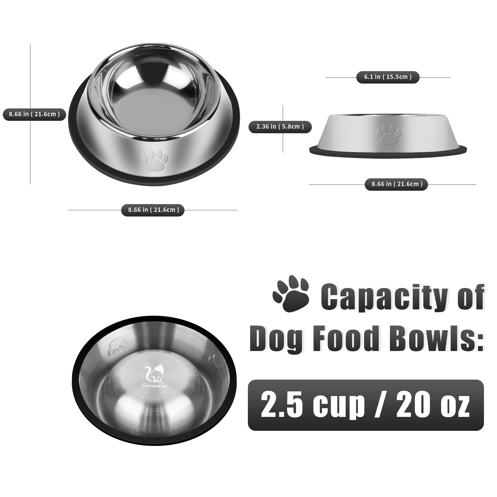 Serentive dog bowls close-up highlights anti-slip rubber base for stable feeding.