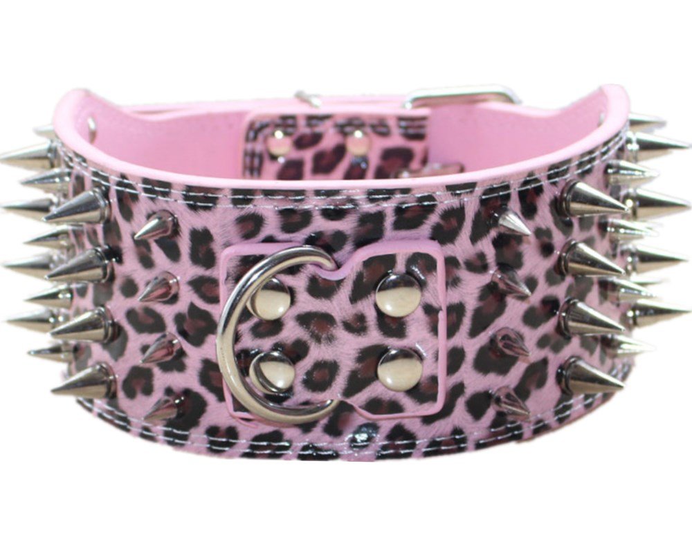 Serijoars leopard sharp spiked collar close-up shows durable faux leather and nickel hardware.