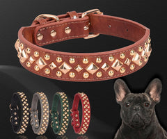 Serijoars spiked dog collar shows adjustable safety buckle for easy on/off.
