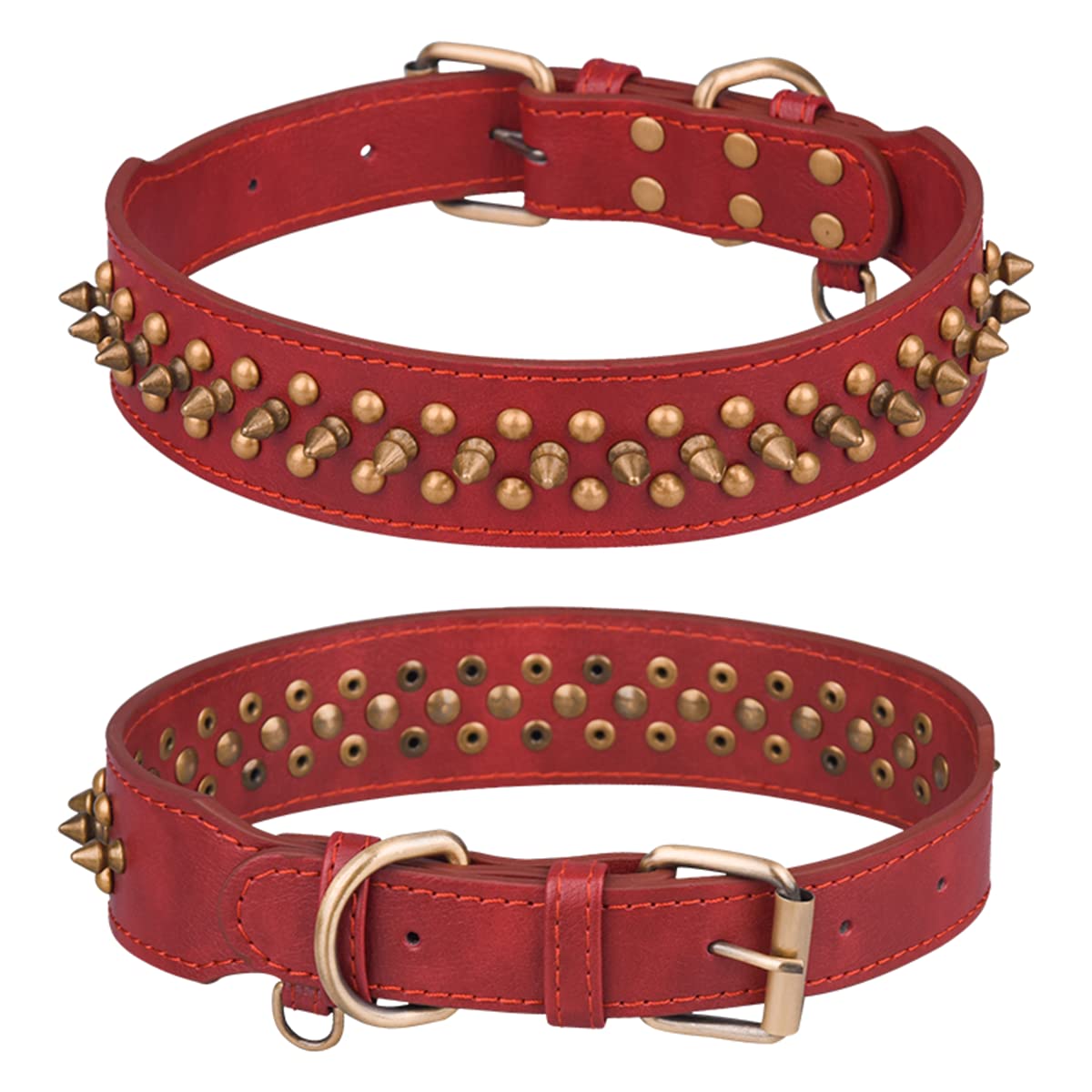 Serijoars spiked dog collar front view in red1 shows adjustable safety buckle for secure fit.