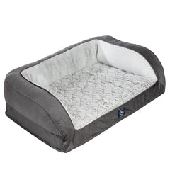 Serta orthopedic quilted couch dog bed slate gray cover; cozy resting surface for pets.