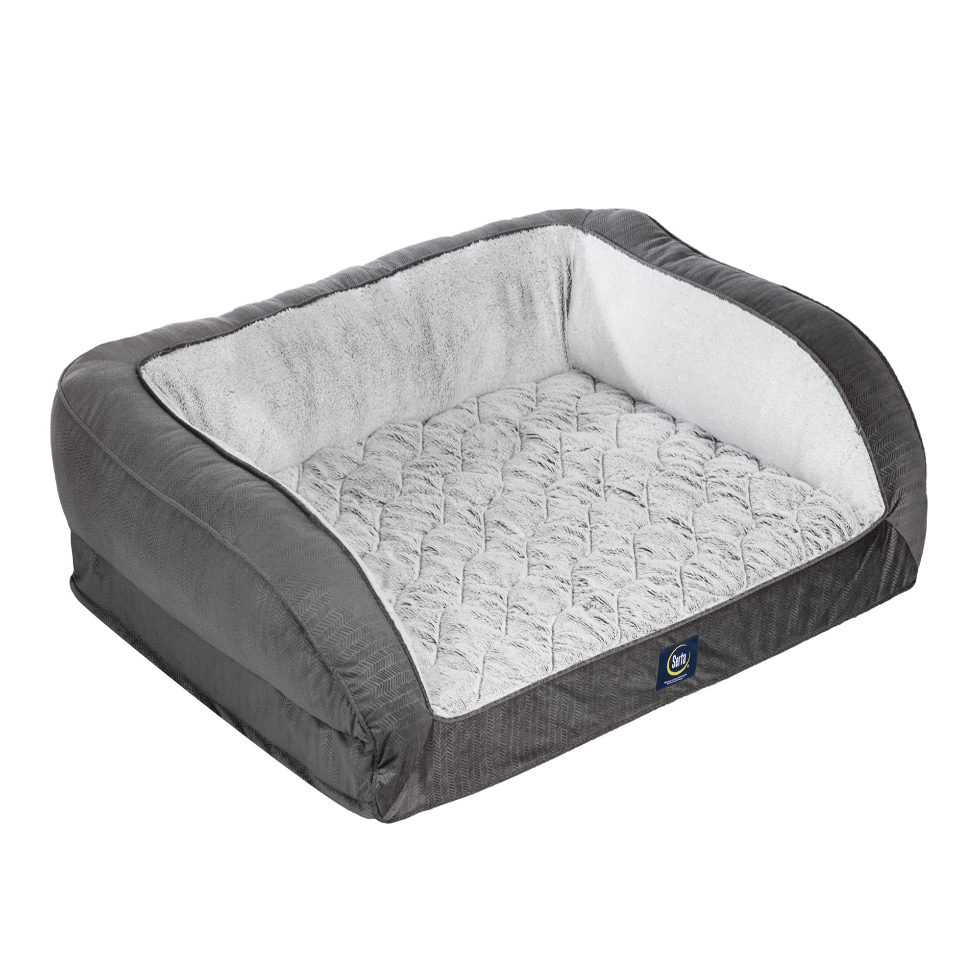 Serta Orthopedic Quilted Couch Dog Bed slate gray small with plush bolster for snuggle-ready pets.