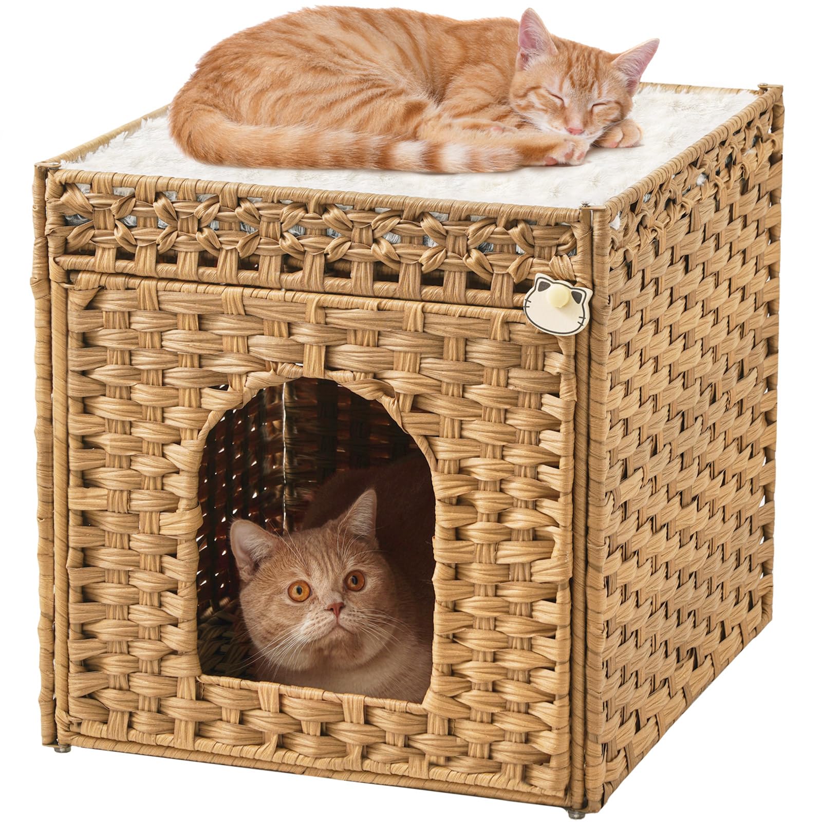 SETVSON double cat cave in natural rattan with cushions provides a private cozy retreat.