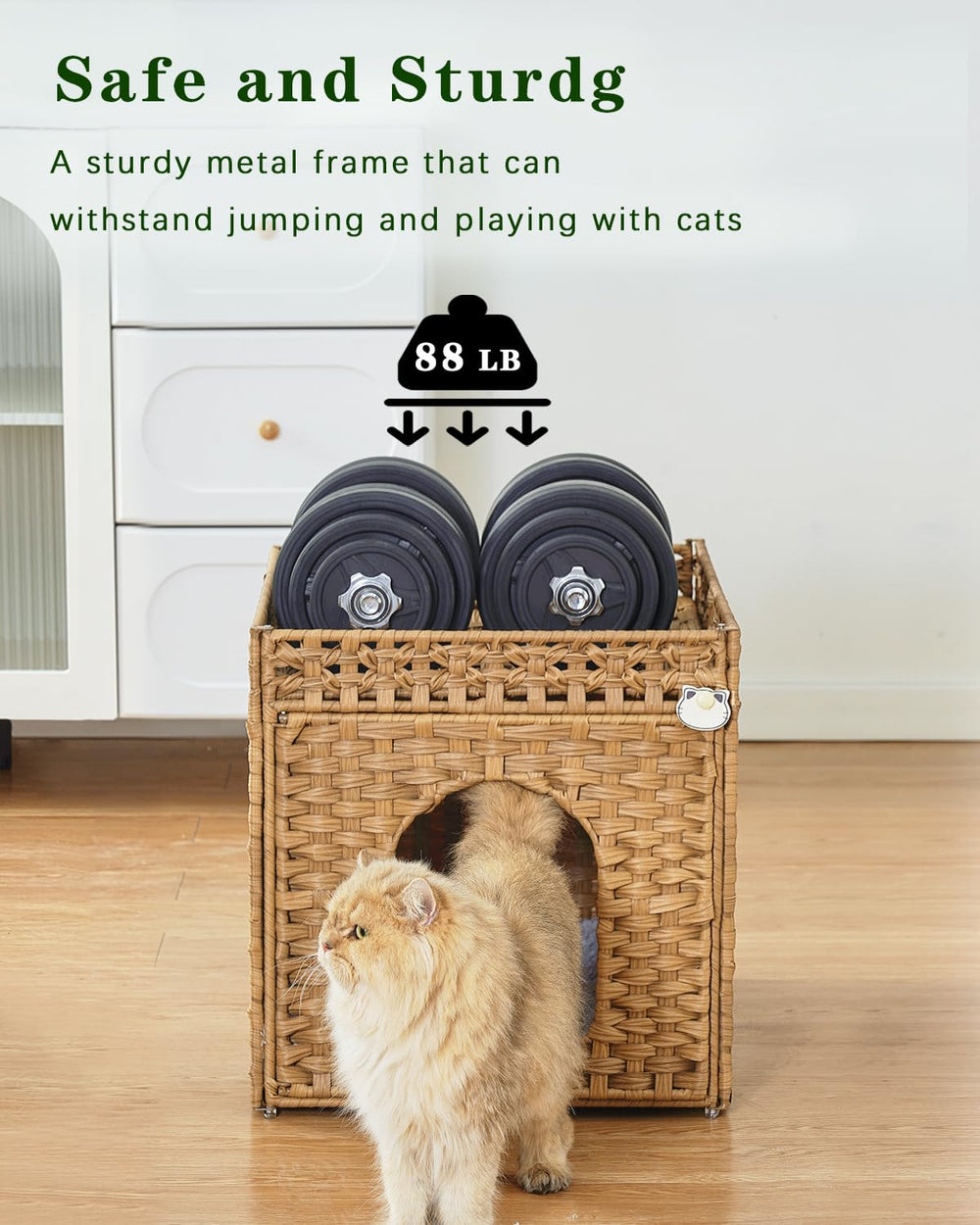 SETVSON indoor cat bed with waterproof rattan shell resists spills for everyday use.