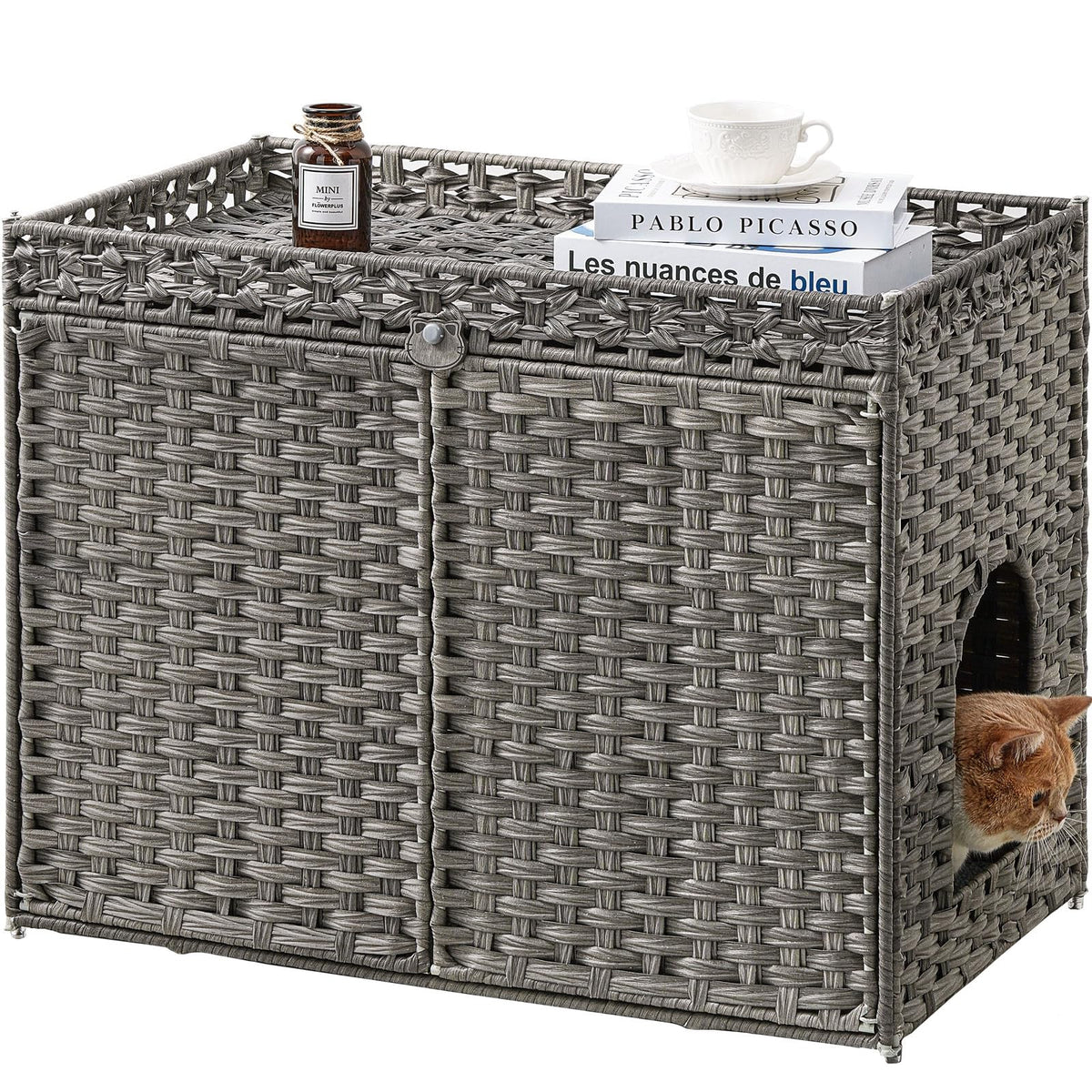 SETVSON cat litter box enclosure front view with hidden space and gray finish